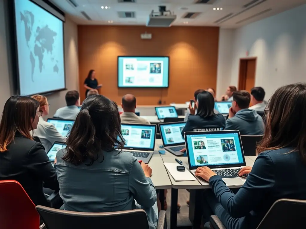 An inspiring image of a business professional participating in a training session, with interactive whiteboards and collaborative exercises, representing the value of skills development and knowledge transfer.