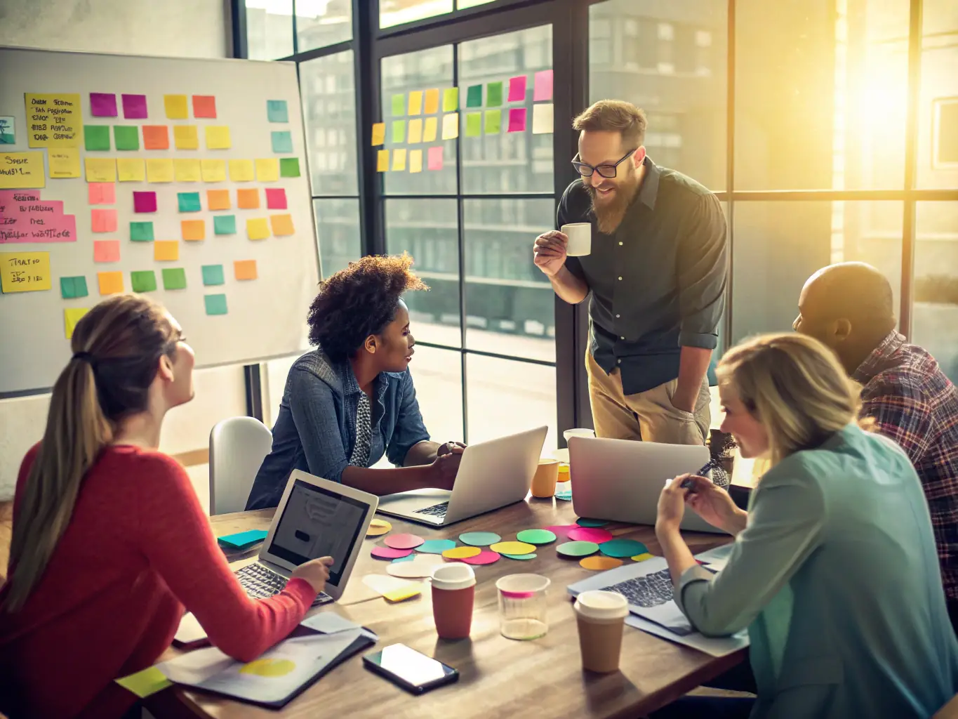 A dynamic image showcasing a team of digital marketers collaborating on a campaign strategy, with data visualizations and analytics dashboards in the background, symbolizing data-driven decision-making.